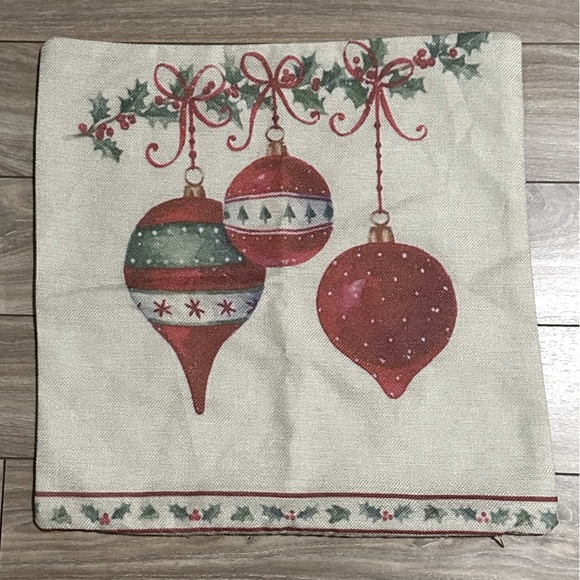 Other - 17” Square Zip On Christmas Burlap Red & Green Holiday Ornaments Pillow Cover